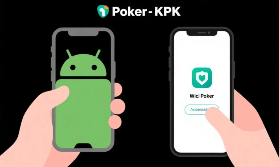 一张插图，展示用户在安卓和iOS手机上分别进行微扑克(WPK)应用的安全安装，强调官方渠道下载的重要性，画面简洁明了